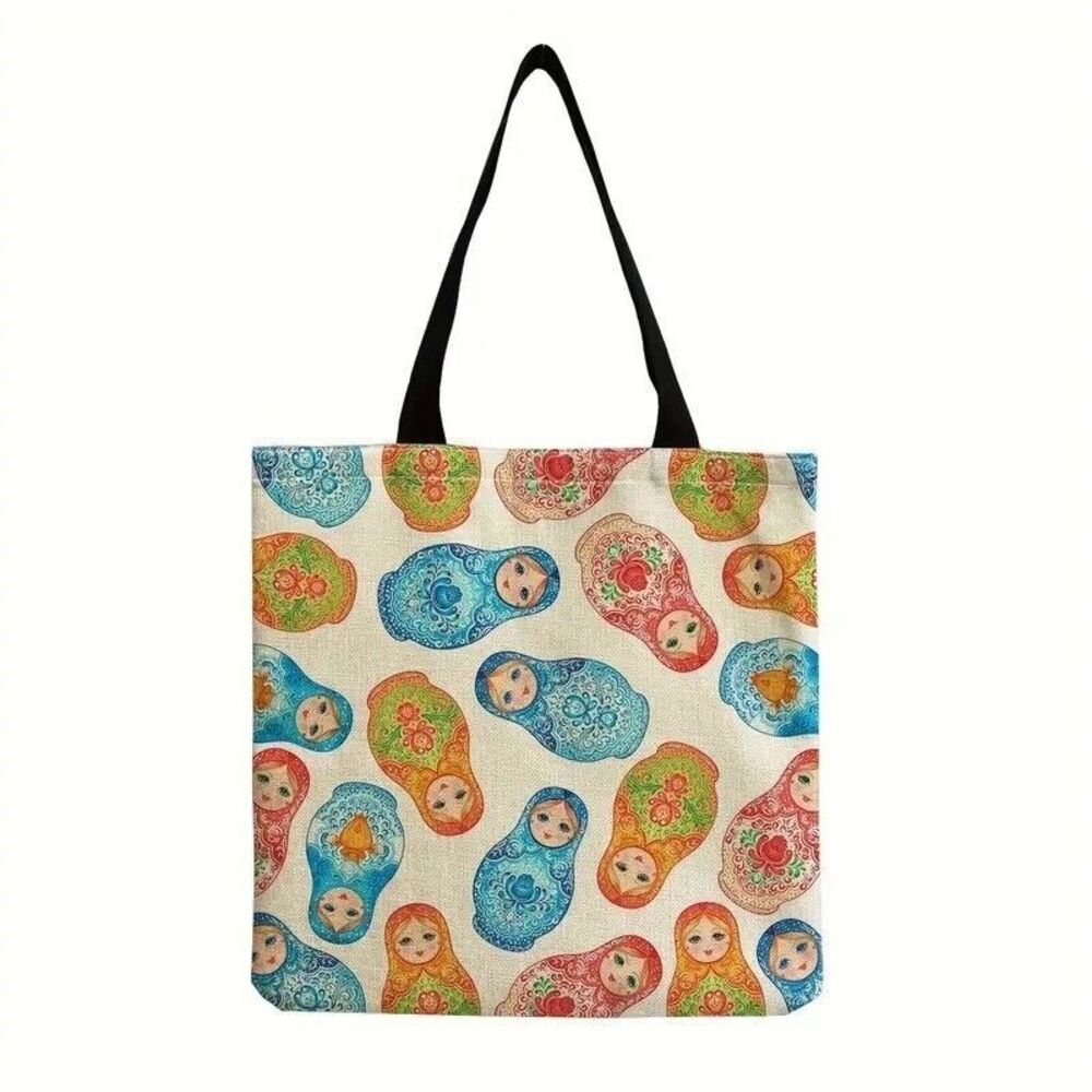 Russian Matryoshka Nesting Dolls Print Tote Handbag Travel Shoulder Bag 15-in Sq